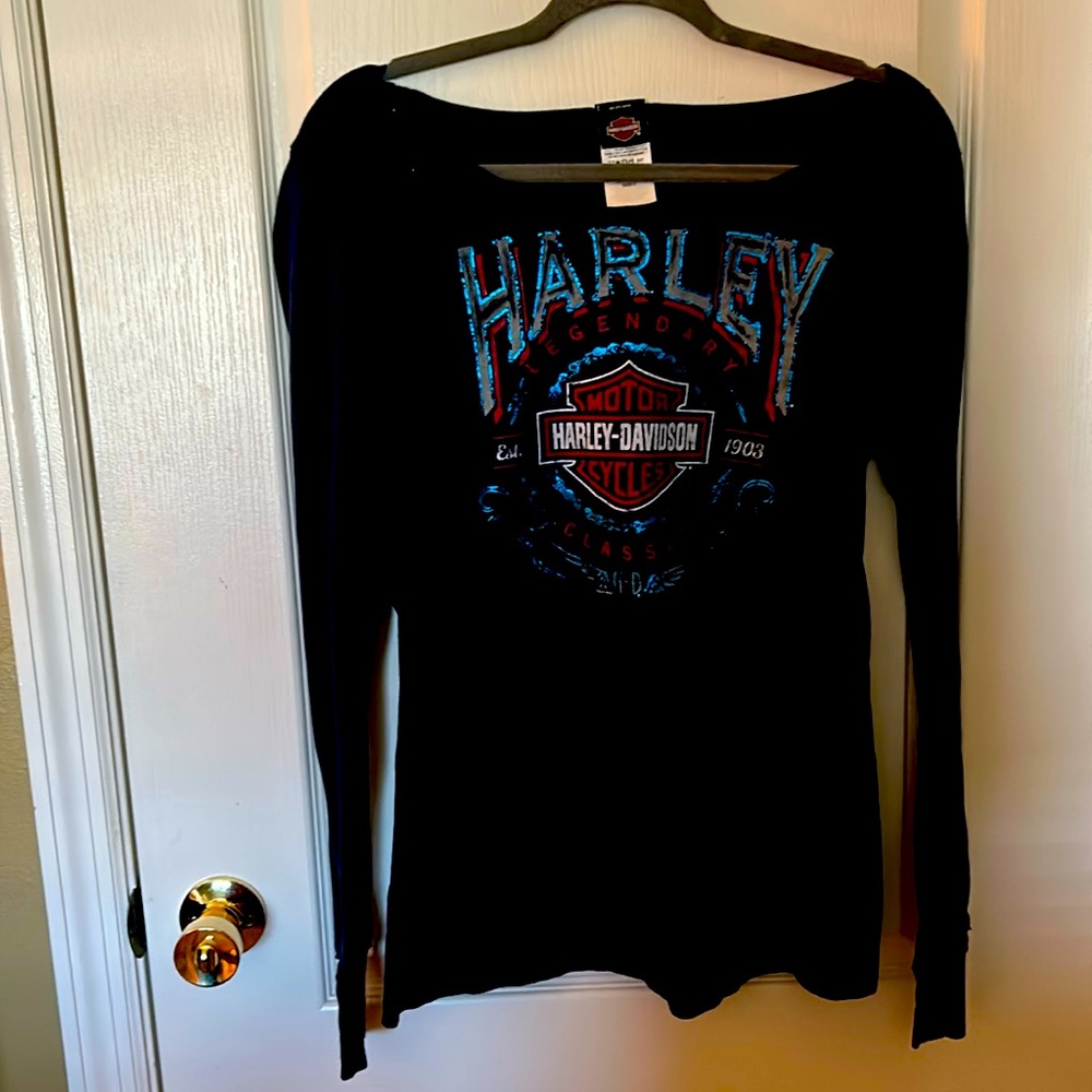 Harley-Davidson Black Long Sleeve Shirt with Blue and Red Graphic Emblem Thumb H